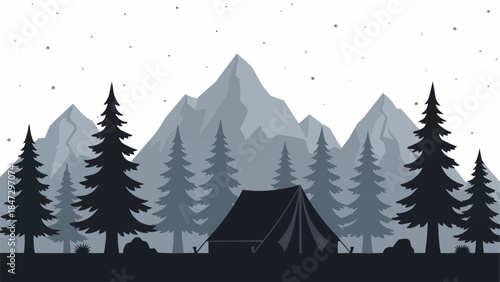 Silhouette of a camping tent in a forest with mountains.