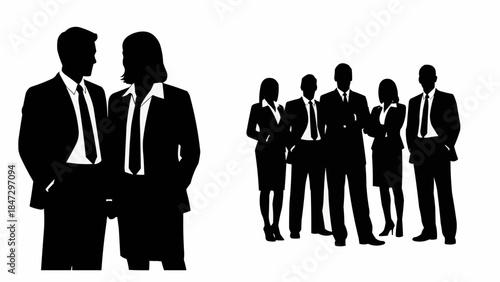 Silhouettes of business people in formal attire standing together.