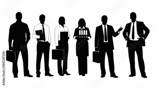 Diverse group of business professionals standing together in silhouette.