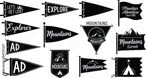 Collection of black and white mountain-themed pennants and banners for exploration and adventure