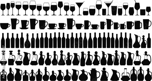 Comprehensive Silhouette Collection of Glassware, Mugs, Cups, Bottles, and Pitchers for Beverage and Drink Menus, Bar Design, and Kitchen Vector Graphics
