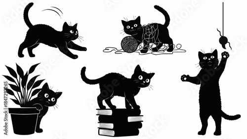 Collection of playful black cats in various poses and activities.