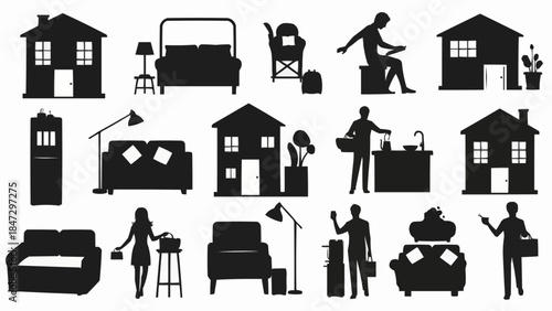 Collection of Silhouettes Representing Home Life and Activities.