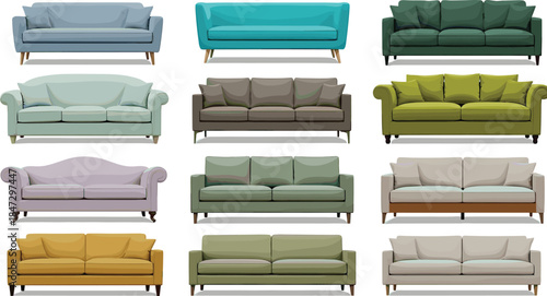 Assorted colored sofas arranged in a grid pattern against a white background