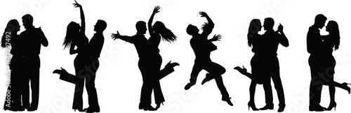 Dancing couple silhouette, romantic dance poses, black vector figures, performance gesture collection, ballroom movement illustration, partner choreography reference pack