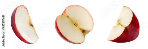 Set of red apple slices and half, isolated on transparent background