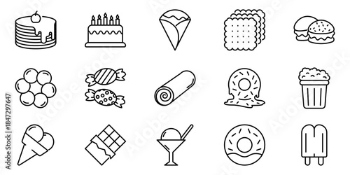 Sweet Indulgences Collection Delicious Dessert and Confection Outline Icons for Menus, Websites, and Bakery-Related Projects