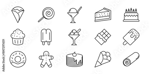A delightful collection of sweet treats and dessert icons, featuring various confectionery and baked goods in a clean outline style for food-related designs