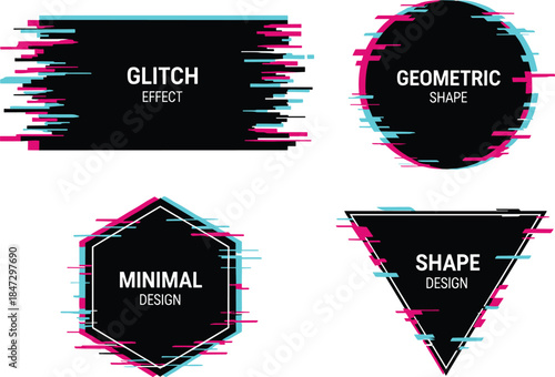 Modern abstract geometric shapes with glitch effects, conveying a sense of digital distortion and contemporary design