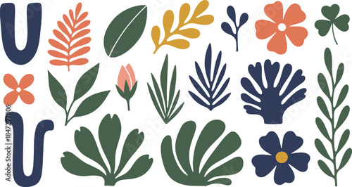 Vibrant stylized botanical collection featuring colorful leaves, flowers, and abstract organic shapes in modern flat design, perfect for decorative graphic projects