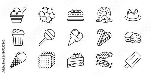 Vector outline icons of delicious desserts and sweet treats. Includes cakes, donuts, ice cream, and candies for food graphic design projects