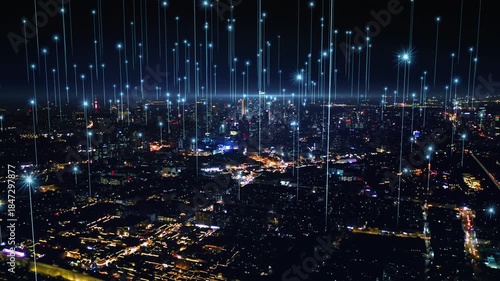 smart Connected city skyline. Futuristic network concept, city Technology.