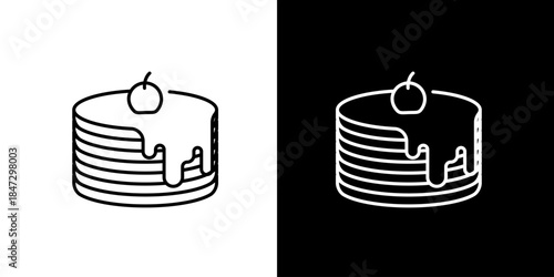 Stack of pancakes with cherry on top, outlined icon illustration on white and black backgrounds