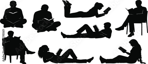 Diverse Readers Silhouettes Collection: People Sitting and Lying Down Comfortably While Reading Books, Studying, or Relaxing, Isolated Vector Set for Education and Knowledge Graphics