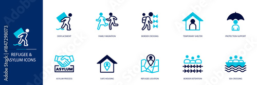 Refugee & Asylum Blue Colored Outline Icon Set