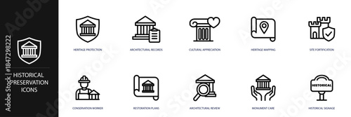 Historical Preservation Line Icon Set