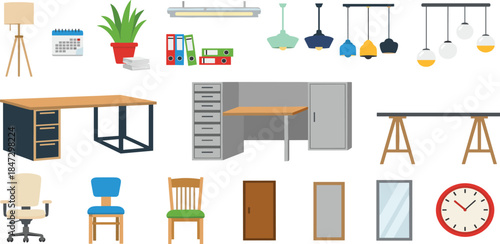 Various office furniture and decor items are illustrated in a clean and minimalist style on a white background.