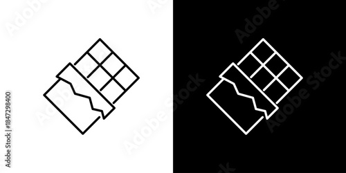 Minimalist line art icons of a chocolate bar with wrapper against black and white backgrounds