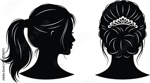 Female Hair Silhouettes Vector Illustration Woman Ponytail Updo Hairstyle Wedding Tiara Graphic