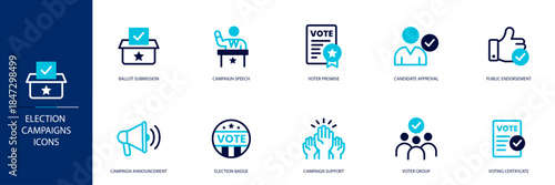 Election Campaigns Blue Colored Outline Icon Set