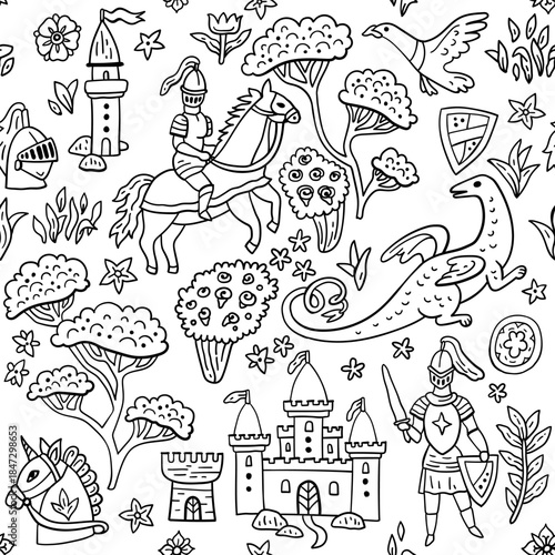 Seamless medieval vector pattern with knights, horses and castles. Dragon and rider. Hand-drawn like an ancient tapestry. For textile and paper design.