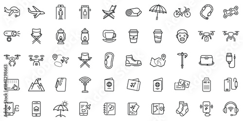A collection of travel-themed icons, including an airplane, coffee cups, and hiking gear in a minimalist style.