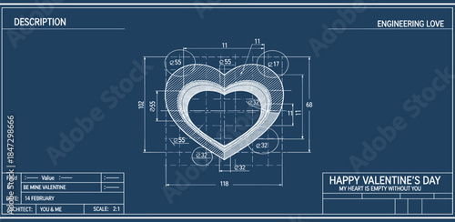 Technical drawing of a heart on valentine's day blueprint