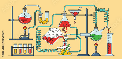 A detailed illustration of a laboratory setup depicting various scientific equipment and experiments in progress from a front viewpoint.