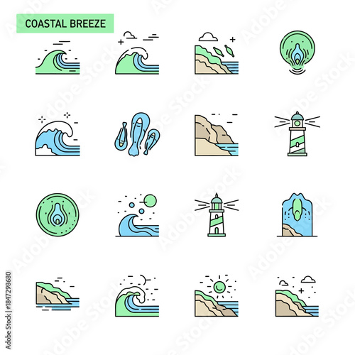 Coastal Breeze Icons Featuring Waves and Lighthouse.