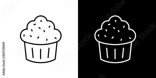 Minimalist line art icon of a delicious frosted cupcake with sprinkles, presented in adaptable monochrome for clean digital interfaces, bakery branding, and sweet dessert menus