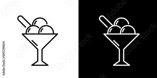 Stylized line art icon of a delicious ice cream dessert in a fancy glass, ideal for menu designs, sweet treat promotions, or culinary graphic elements and web assets