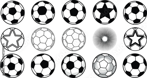 A collection of soccer balls and stars in various styles on a white background