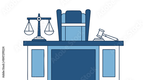 Courtroom Scene with Gavel, Scales of Justice, and Judge's Bench