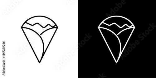 Clean and modern vector icon design depicting a rolled snack or dessert, such as a crepe, with a wavy top edge, offered in two versatile monochrome styles for branding