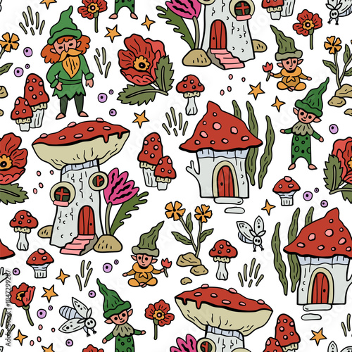 Vector pattern with gnomes and mushroom houses. Forest fairytale world. Seamless background with magical characters.