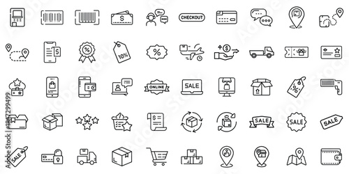 Set of various e-commerce and shopping-related vector icons in a minimalist black and white style.