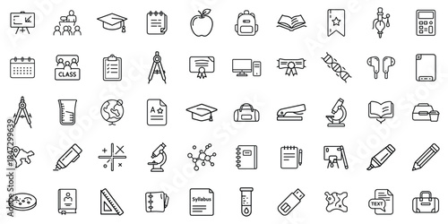 A collection of educational icons showcasing various school-related items and concepts.