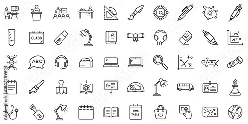 A collection of educational icons representing various subjects and tools for learning and teaching.
