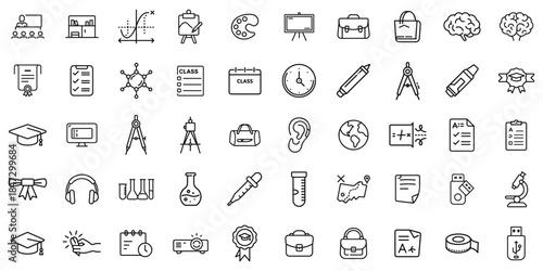 A collection of educational icons featuring various subjects and tools for learning and creativity.