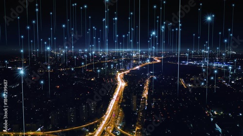 smart Connected city skyline. Futuristic network concept, city Technology.