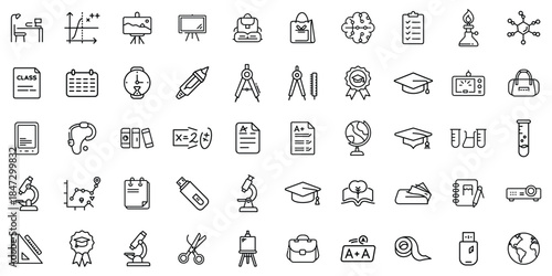A diverse collection of educational icons in black and white, symbolizing learning and academic success.