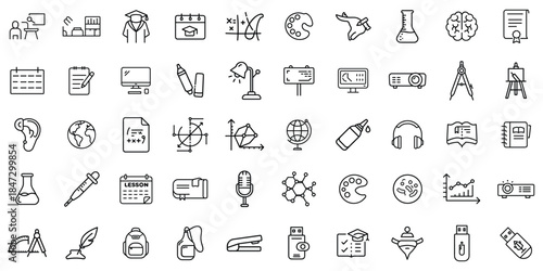 A collection of educational icons representing various subjects and tools for learning.