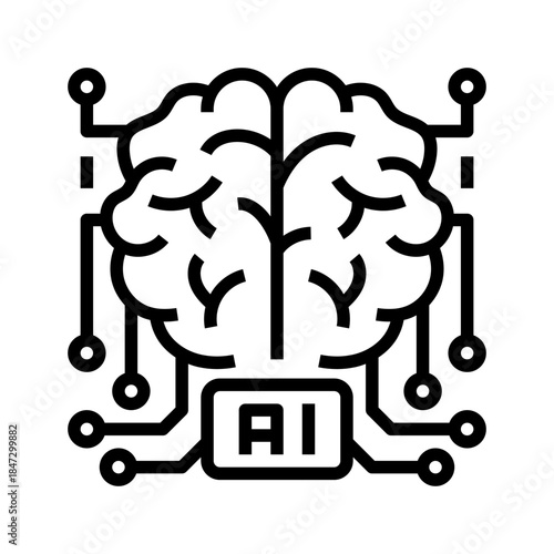 Artificial Intelligence Brain Line Icon, Outline Symbol for Machine Processing, Data Recognition, Cognitive Automation, Predictive Analysis, and Smart Decision-Making. Vector Sign Icon.
