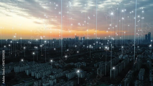 smart Connected city skyline. Futuristic network concept, city Technology.