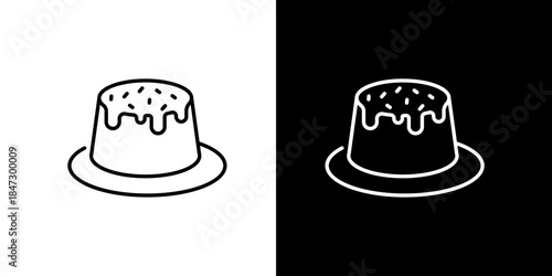 Minimalist vector line art icon of a frosted dessert, featuring a small cake with decorative sprinkles and sweet icing glaze, suitable for branding