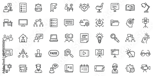 A collection of educational and productivity icons illustrating various concepts in learning and teamwork.