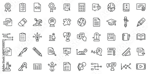 A collection of educational icons, featuring symbols of learning, achievement, and science.