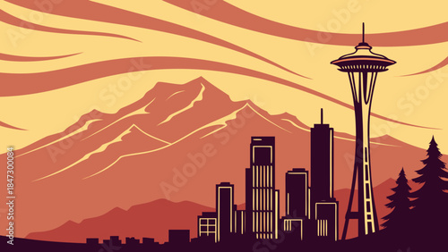 Seattle skyline with space needle and mountains great for travel brochures, city guides, postcards, and editorial articles about seattle.