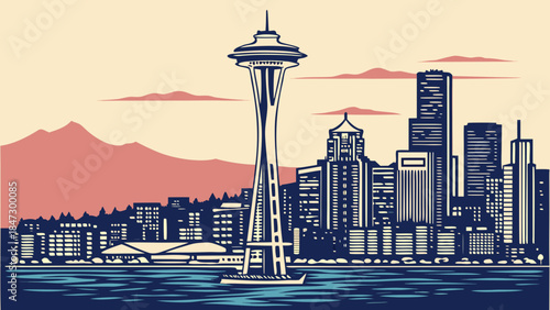 Seattle skyline featuring the iconic space needle tower and vibrant cityscape. Suitable for travel brochures, city guides, website banners, and social media posts.