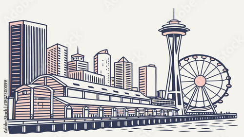 Seattle skyline with the space needle and great wheel  an iconic emerald city view for travel, tourism, and cityscape concepts.